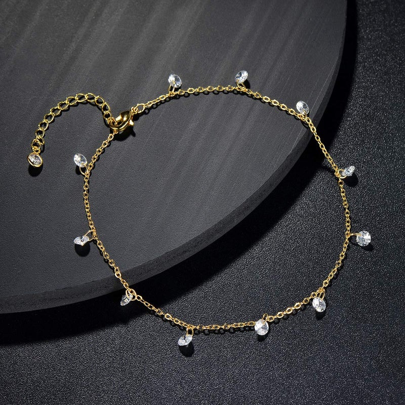 LOYATA Dainty Cubic Zirconia Ankle 14K Gold Plated Tiny Bead Anklet Dainty White Cubic Zirconia Crystal Dangle Tassel Foot Chain Foot Jewelry Boho Anklet for Women - Image 4